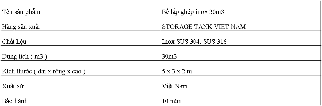 Thông số kỹ thuật bồn lắp ghép inox 30m3